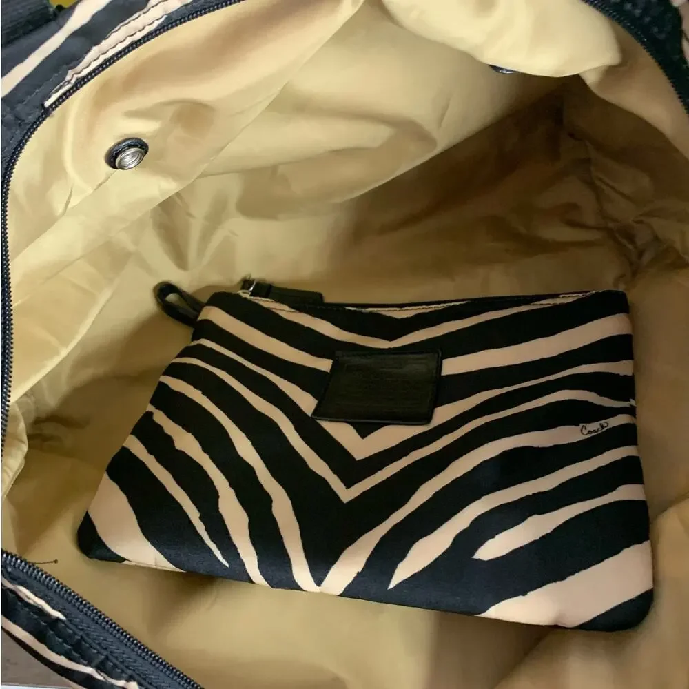 Coach y2k Devin Black Tan Zebra Print Nylon Overnight Tote Pouch